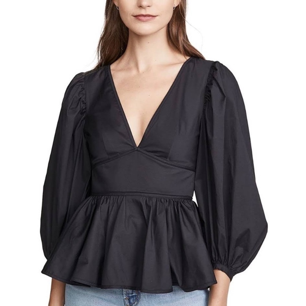 STAUD Luna Poplin V-Neck Open Back Puff Sleeve Top in Black - Picture 5 of 9